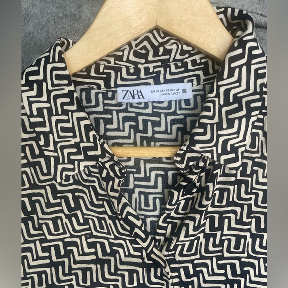 Zara Printed Shirt Dress Black ecru Patterned Maxi Dress - Picture 8 of 10